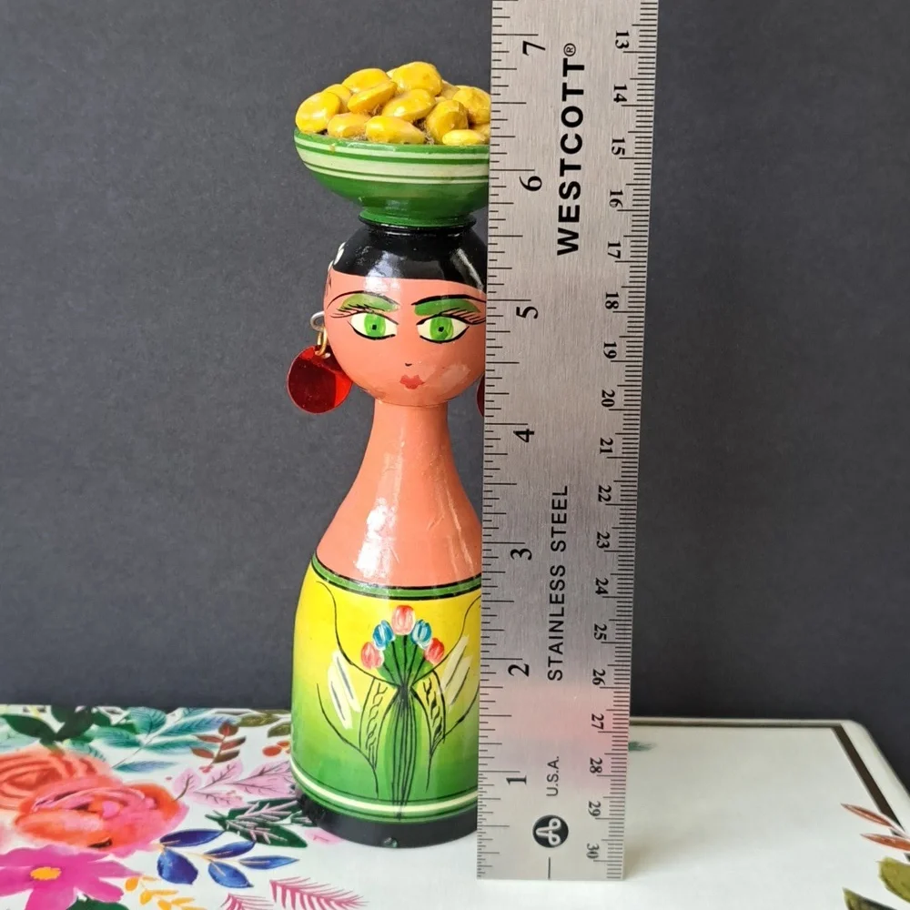Vintage Handpainted Wooden Egyptian Peg Doll Figurine Folk Art Woman green eyes